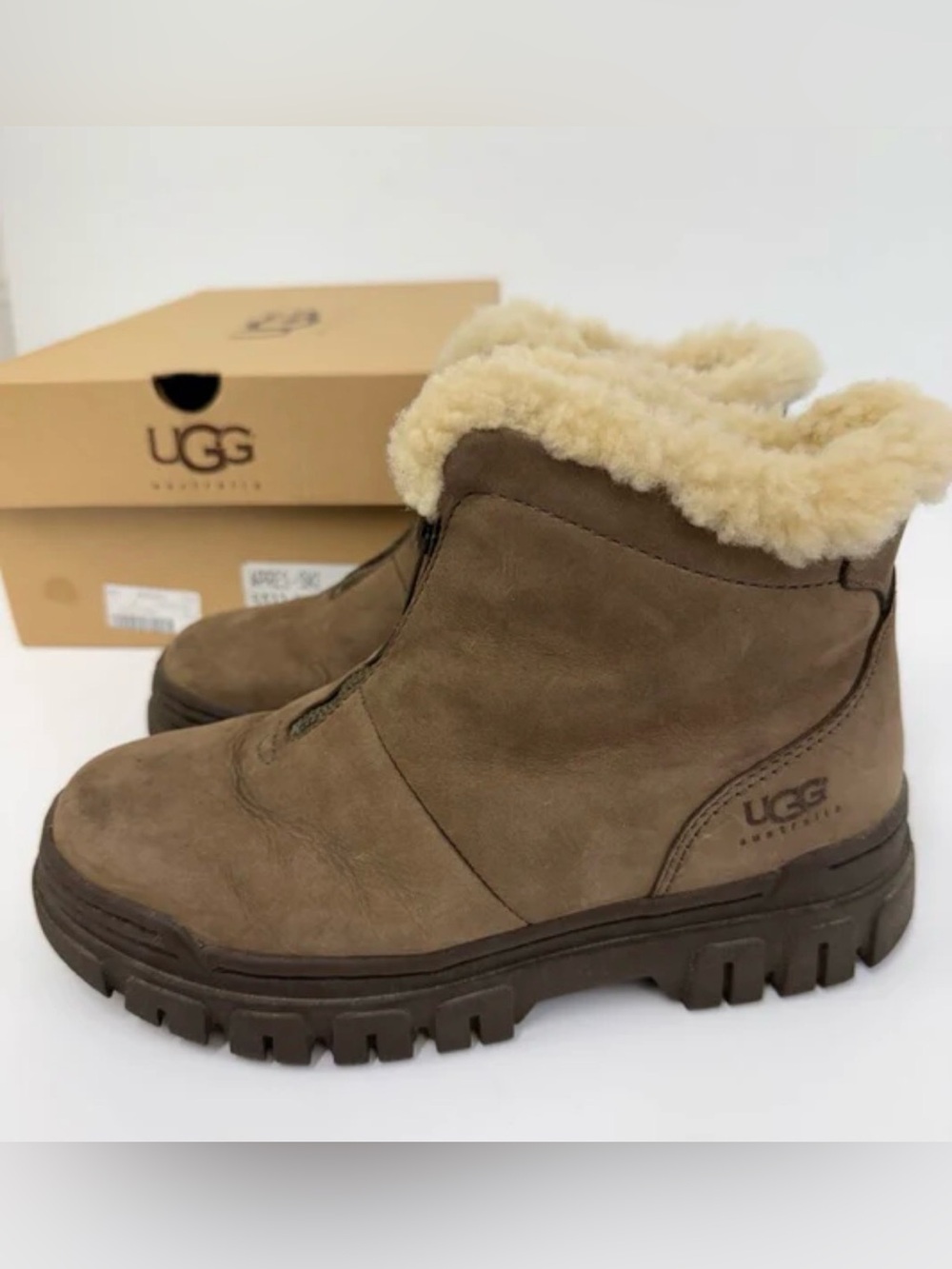UGG Brown Suede Shearling-Trim Lug Sole Ankle Boots